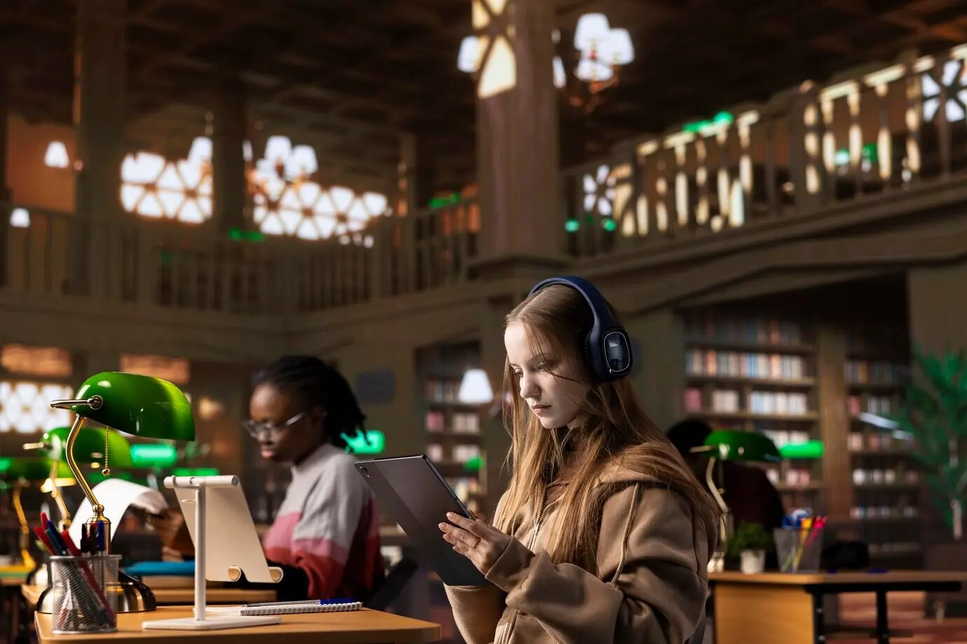 Молодая женщина слушает терапевтическую музыку и работает над своей бакалаврской работой.